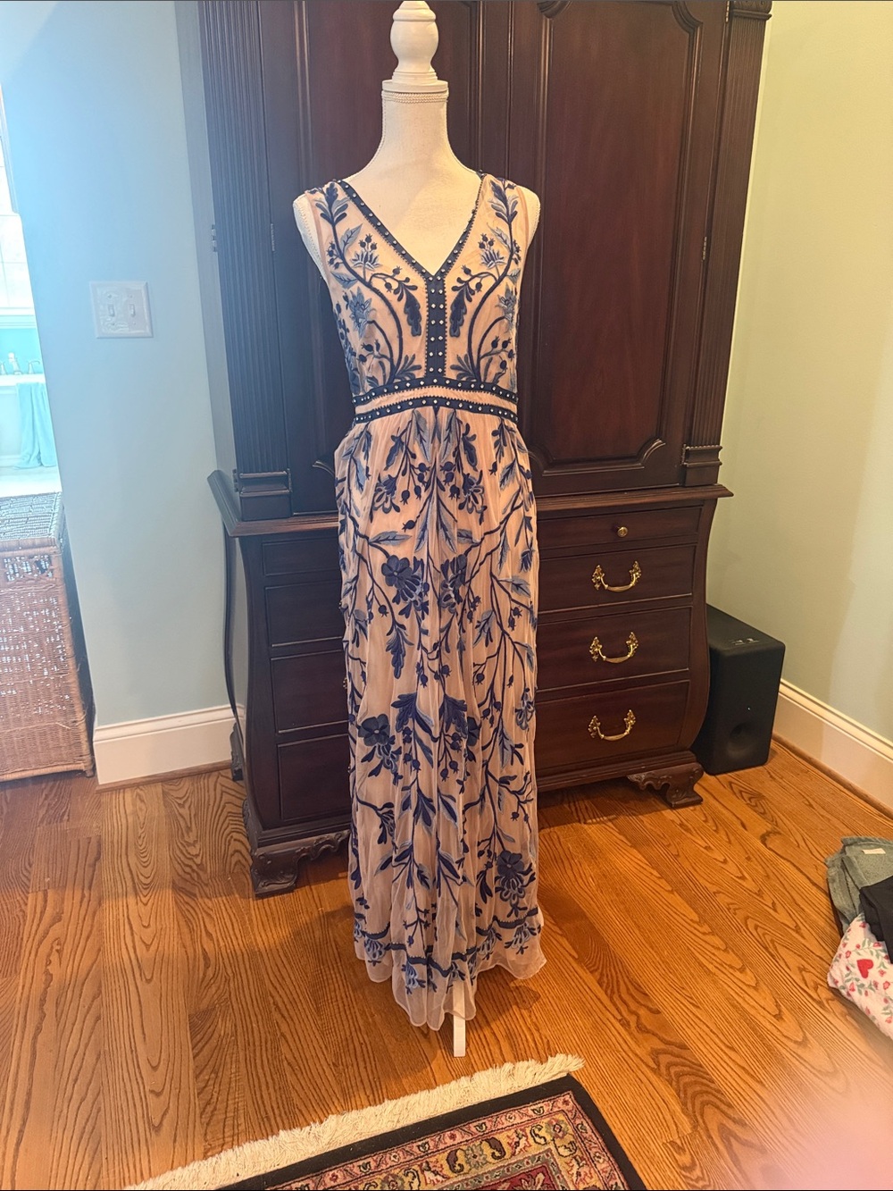 Moulinette Soeurs Beige Maxi Dress with Blue Floral Embroidery